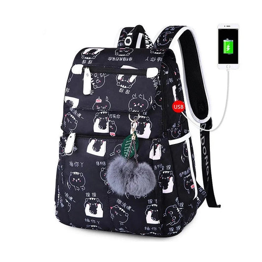 Women's Fashion School Backpack: USB School Bag for Girls, Black Backpack with Plush Ball and Butterfly Decoration, Ideal Girl's Schoolbag