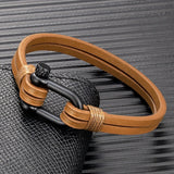 Men's Handmade Double-Layer Leather Bracelet – U-Shape Shackle with Black Stainless Steel Screw Buckle