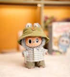 Labubu Doll Plaid Shirt & Stripe Shorts Set – 17cm Plush Fashion Outfit with Hat for Trendy Doll Styling & Cute Accessories Gift