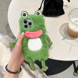 Charming Plush Frog Phone Case with Hand Warmer for iPhone 11-15 Pro Max, in a Fluffy Cartoon Style