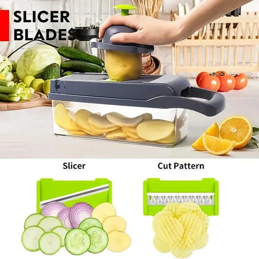 Multifunctional 16-in-1 Vegetable Slicer Cutter: Includes Shredders, Slicer, with Basket for Fruits, Potatoes, Onions, Mincer, Chopper, and Carrot Grater