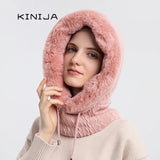 Women's Winter Hooded Fur Cap Set: Knitted Cashmere, Windproof Balaclava, Thick Plush Beanie