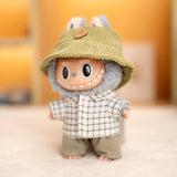 Labubu Doll Plaid Shirt & Stripe Shorts Set – 17cm Plush Fashion Outfit with Hat for Trendy Doll Styling & Cute Accessories Gift