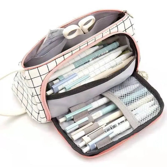 Multi-Layer Large Capacity Stationery Pen Case: Simple Plaid Pencil Case, Ideal for Travel and Cosmetic Storage