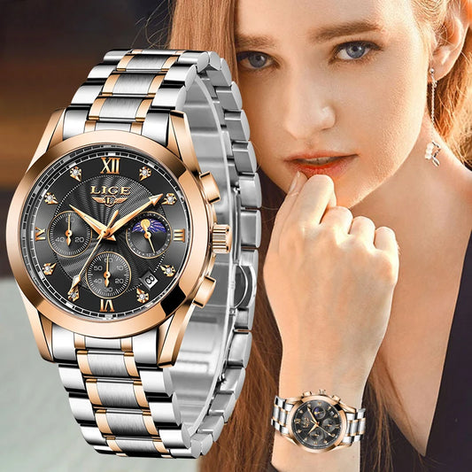 LIGE Women's Stainless Steel Bracelet Watch: Date, Waterproof, Quartz Movement