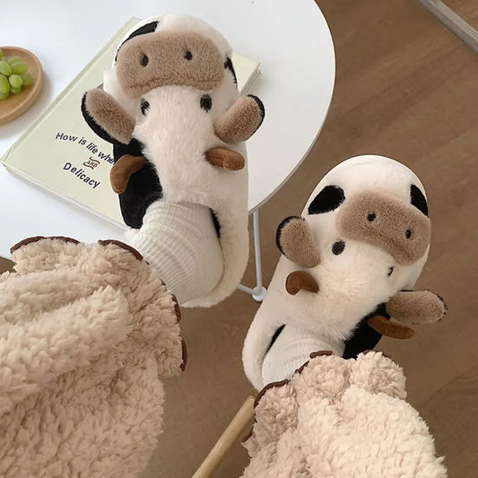 Women's Winter Plush Slippers with Adorable Cow Design, Warm Cotton Indoor Shoes, Fluffy Cartoon Anti-Skid Cloud Slippers for Home