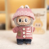 Labubu V1/V2 Party Outfit Set – 17cm Plush Doll Clothes with Bear Label Sweater, Jean Shorts, Scarf & Hat Accessories