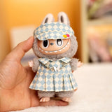 17cm Labubu Doll Checkerboard Tennis Outfit Set – Suspender Pants & Shirt Trendy Fashion Clothes for Baby Pendant Dolls