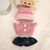 Labubu V1/V2 Party Outfit Set – 17cm Plush Doll Clothes with Bear Label Sweater, Jean Shorts, Scarf & Hat Accessories