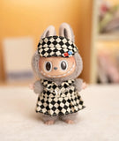 17cm Labubu Doll Checkerboard Tennis Outfit Set – Suspender Pants & Shirt Trendy Fashion Clothes for Baby Pendant Dolls