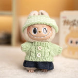 Labubu V1/V2 Party Outfit Set – 17cm Plush Doll Clothes with Bear Label Sweater, Jean Shorts, Scarf & Hat Accessories