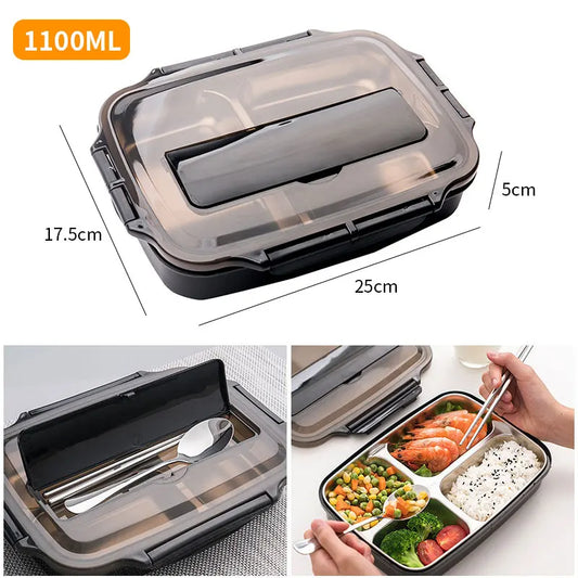 1100ML Travel Bento Lunch Box for Children and Adults – 4-Compartment Food Storage Container with Stainless Steel Insert and Spoon, Leak-Resistant Design