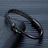 Men's Black Braided Leather Bracelet – Polished Non-Fading Stainless Steel Hook | Trendy Classic Cuff Charm Gift