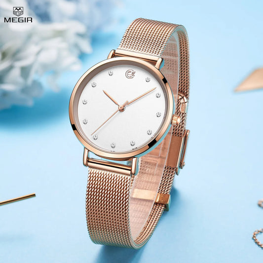 MEGIR Elegant Women's Quartz Wristwatch, Top Brand Luxury, Steel Bracelet Dress Watch, Female Timepiece, Relogio Feminino