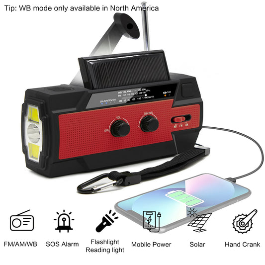 Reception for AM/FM/WB, Charging via Hand Crank/Solar/USB, Functions as Power Bank, 3-Mode Flashlight with Battery Display, and Includes SOS Alert Feature