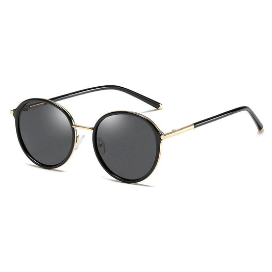 High-End Round Polarized Sunglasses for Women: Brand-Designed Metal Frame, Classic Black Shades, UV400 Protection Eyewear