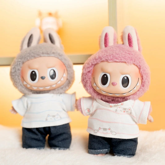 Labubu Doll Striped T-Shirt & Rolled Jeans Set – 17cm Plush Idol Doll Clothes Two-Piece Casual Outfit for Everyday Styling