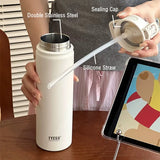 600ml/750ml Double-Walled Stainless Steel Vacuum Flask with Straw – Portable Sports Thermos and Travel Thermal Water Bottle