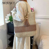 Stylish Summer Woven Tote For Women: Contrast Color with Tassels, Perfect for Beach or Travel