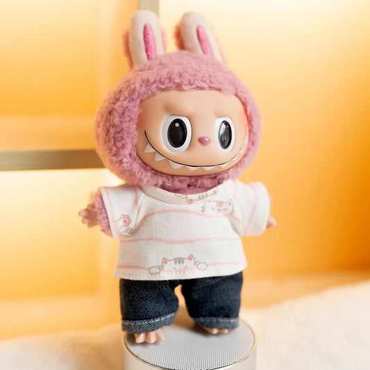Labubu Doll Striped T-Shirt & Rolled Jeans Set – 17cm Plush Idol Doll Clothes Two-Piece Casual Outfit for Everyday Styling