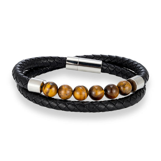 Double-Layer Braided Leather Bracelet – Classic Design with Natural Tiger Eye Beads | Unisex Charm Jewelry