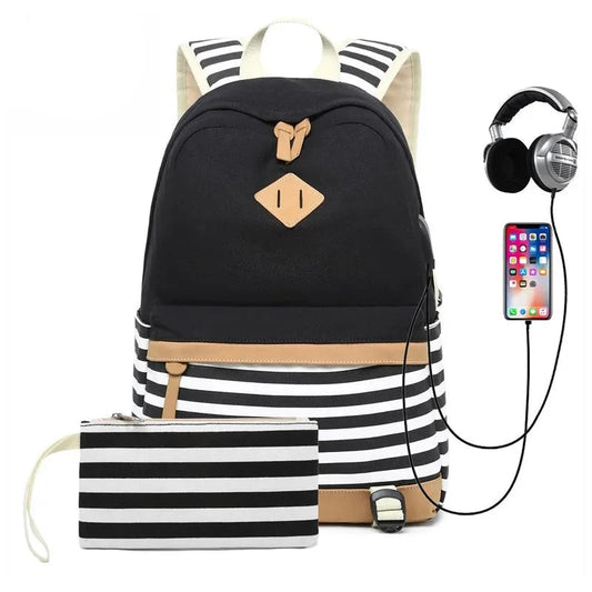 Striped School Bags for Teenage Girls - Book Bag with Stationery Storage - Waterproof Canvas Backpack for Children