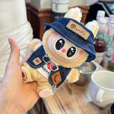 Labubu Doll Denim Outfit Set – 17cm Cowboy Hat, Denim Jacket, White T-Shirt & Khaki Shorts Fashion Clothes for Plush Dolls