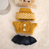 Labubu V1/V2 Party Outfit Set – 17cm Plush Doll Clothes with Bear Label Sweater, Jean Shorts, Scarf & Hat Accessories