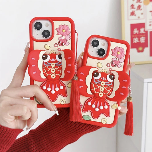 Fun Cartoon 3D Fortune Fish with Folding Stand and Tassel Silicone Case for iPhone 11, 12, 13, 14, 15 Pro Max