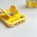 Lovely 3D Bee with Wings Holder Silicone Case for iPhone 11-14 Pro Max, Fun Cartoon Protective Cover