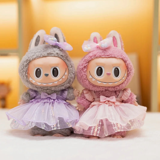 Labubu Doll Sequined Gauze Dress Set – 7 Color Options with Bow Detail for 17cm Plush Dolls, Dress-Up Accessories for Stylish Displays