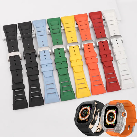 Elevate Your Apple Watch with Fluororubber Replacement Strap - Ultra 49mm, 44mm, 45mm, Metal Buckle, for Series 8, 7, 6, SE, 5, 4