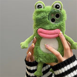 Charming Plush Frog Phone Case with Hand Warmer for iPhone 11-15 Pro Max, in a Fluffy Cartoon Style