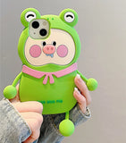 Charming 3D Pig with Frog Hat and Jade Bracelet Silicone Case for iPhone 11-15 Pro Max