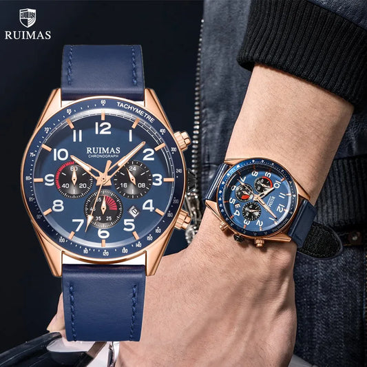 RUIMAS Luxury Chronograph Men's Watch: Fashion Leather, Military Sports, Luminous Dial, Auto Date