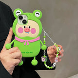 Charming 3D Pig with Frog Hat and Jade Bracelet Silicone Case for iPhone 11-15 Pro Max