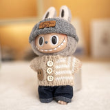 Labubu V1/V2 Party Outfit Set – 17cm Plush Doll Clothes with Bear Label Sweater, Jean Shorts, Scarf & Hat Accessories