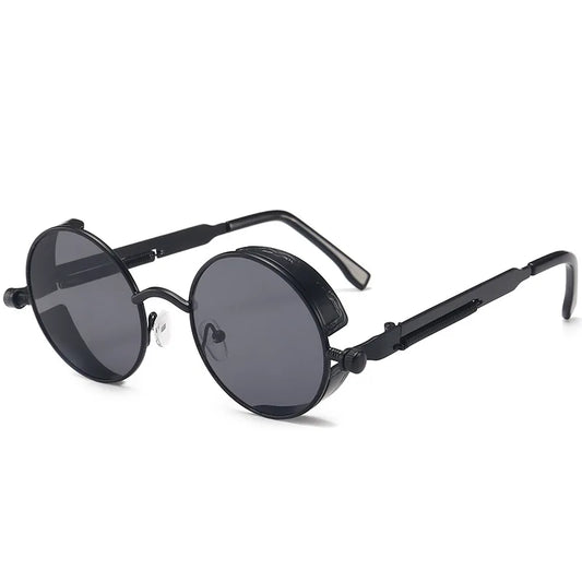 Unisex Gothic Steampunk Sunglasses: Fashionable Round Metal Black Sun Glasses for Men and Women, Retro Style Ideal for Driving and Traveling Shades