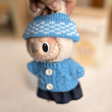 Labubu V1/V2 Party Outfit Set – 17cm Plush Doll Clothes with Bear Label Sweater, Jean Shorts, Scarf & Hat Accessories