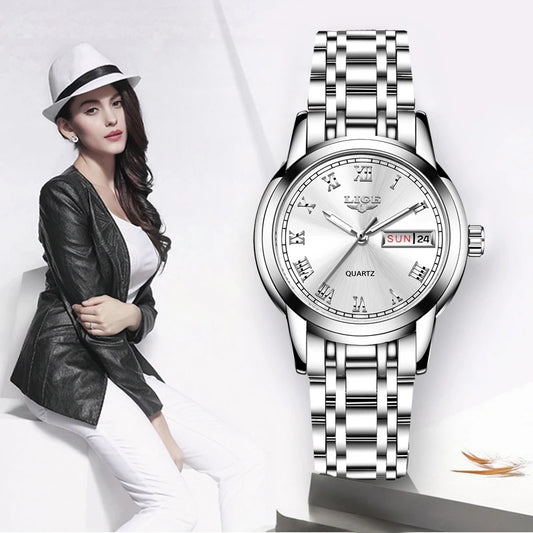 LIGE Fashion Women's Elegant Watch: Elegant Quartz Date Week Stainless Steel Dress Clock