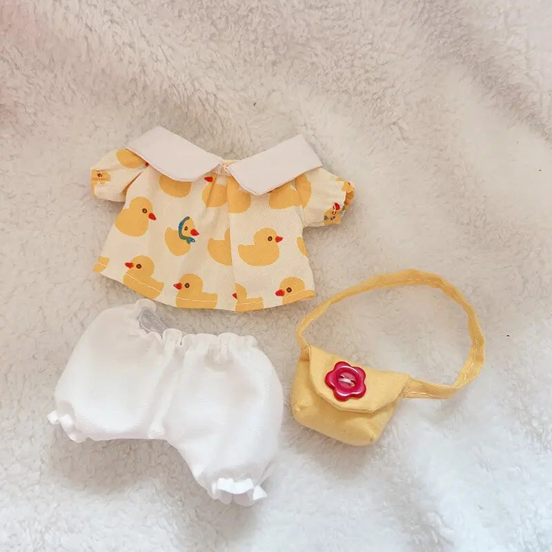 Labubu Doll Yellow Duck & Cherry Shirt Set – 17cm Plush Doll Clothes with Hat and Pants Three-Piece Outfit for Cute Styling