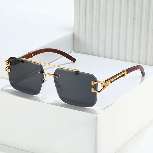 Trendy Unisex Double-Beam Sunglasses: Rimless Square Design with Fashionable Leopard Wood Grain Shades for Men and Women