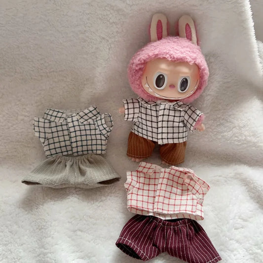 Labubu Doll Plaid Shirt & Stripe Shorts Set – 17cm Fashion Clothes Outfit Accessories for Trendy Mini Plush Dolls