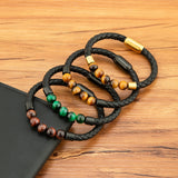 Men's Genuine Leather Bracelet – 4-Color Beaded Design with Stainless Steel & Tiger Eye Charm | Magnetic Clasp Fashion Bangle