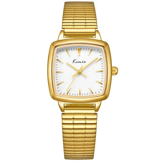 Women's Dress Quartz Watch with Simple Waterproof Square Small Dial, Stainless Steel Strap - Elegant Gold Female Wristwatch