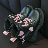 Girls' Fashion Rubber Boots: Stylish Pink with Love Design, Soft Cotton Lining, Side Zip, Princess Round-toe PU