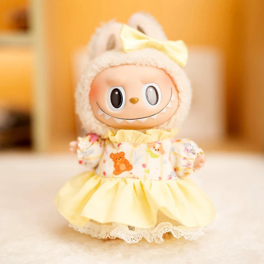 Labubu Doll Yellow Cartoon Outfit Set – 17cm Plush Clothes with Suspender Pants or Dress for Baby Pendant Doll Replacement Styling