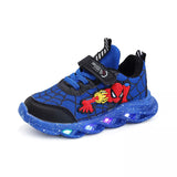 Spring-ready Disney Spiderman LED Sneakers for boys in Red and Black, sizes 21-30, with built-in lights and a non-slip sole