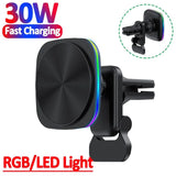 Magnetic Car Phone Holder with RGB Lighting: Wireless 30W Charger for iPhone 14, 13, 12 Pro Max - Fast Charging with Macsafe Compatibility