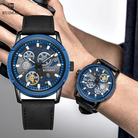 RUIMAS Luxury Men's Leather Band Quartz Watch: Big Dial Moda Style, Waterproof, Sport Military